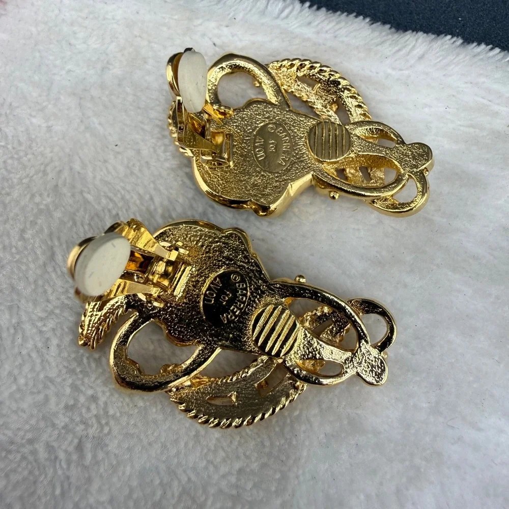 Vintage Barrera Avon Earrings Gold Black Teardrop Rhinestone Clip On